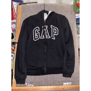 GAP Womens Sherpa Lined Logo Hoodie Sweatshirt Size M Black Zip Up Cotton Casual